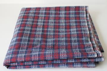 vintage navy blue, red & white plaid cotton fabric w/ slubbed dobby weave texture 