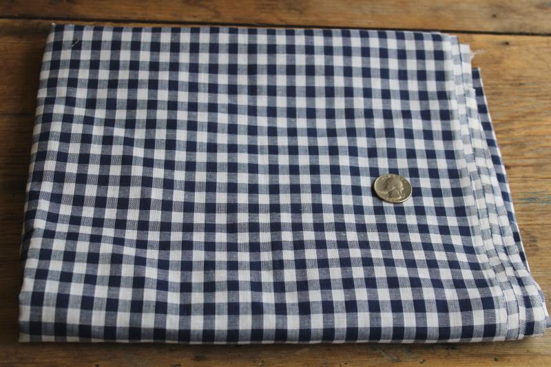 photo of vintage navy blue & white checked gingham fabric, cotton poly blend woven checks #1