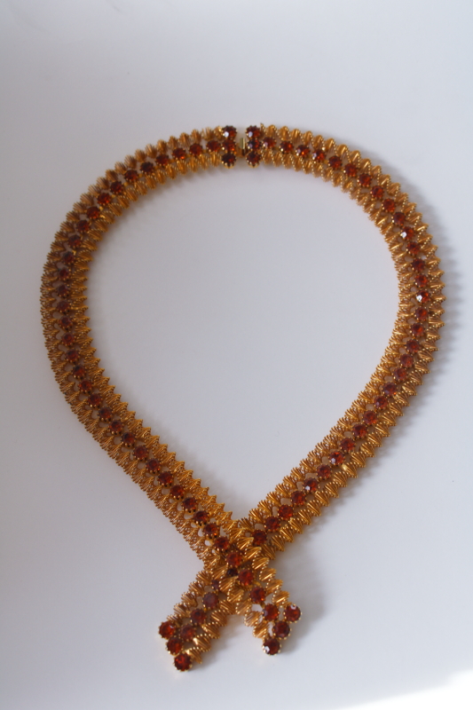 photo of vintage necklace ribbon style collar choker, gold tone jewelry w/ topaz brown rhinestones  #1