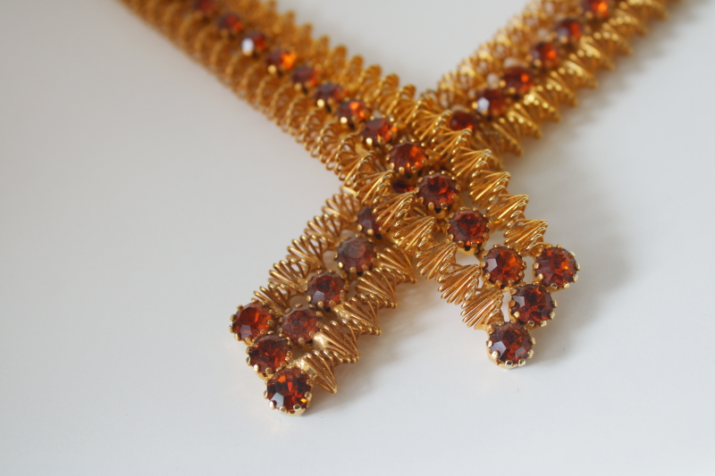 photo of vintage necklace ribbon style collar choker, gold tone jewelry w/ topaz brown rhinestones #2