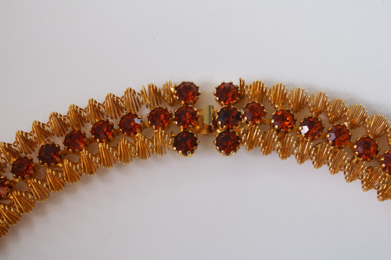 photo of vintage necklace ribbon style collar choker, gold tone jewelry w/ topaz brown rhinestones #3