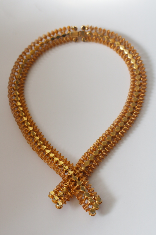 photo of vintage necklace ribbon style collar choker, gold tone jewelry w/ topaz brown rhinestones #4