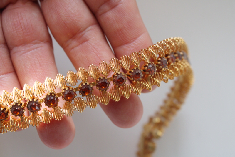 photo of vintage necklace ribbon style collar choker, gold tone jewelry w/ topaz brown rhinestones #5