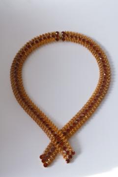 catalog photo of vintage necklace ribbon style collar choker, gold tone jewelry w/ topaz brown rhinestones 