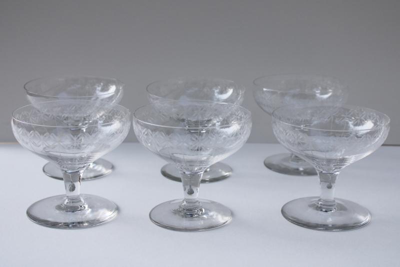 photo of vintage needle etch etched crystal champagne glasses, set of 6 coupe champagnes #1