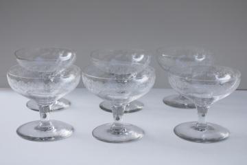 photo of vintage needle etch etched crystal champagne glasses, set of 6 coupe champagnes