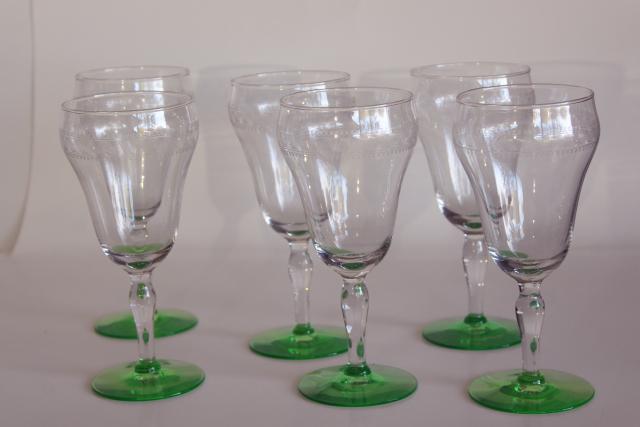 photo of vintage needle etched water goblets, big wine glasses crystal clear w/ uranium green foot #1