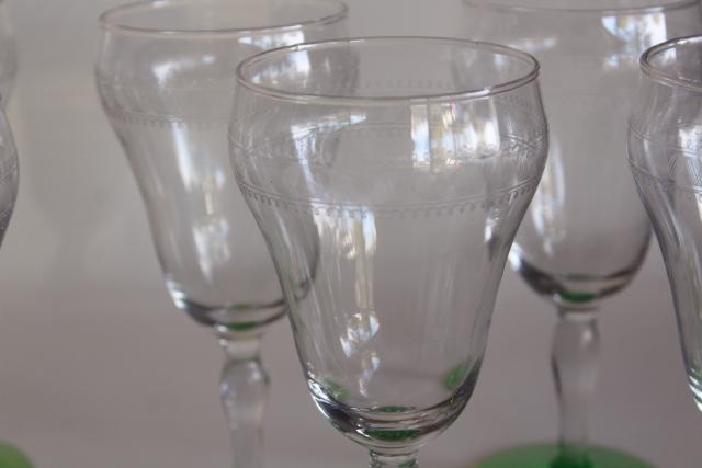 photo of vintage needle etched water goblets, big wine glasses crystal clear w/ uranium green foot #2