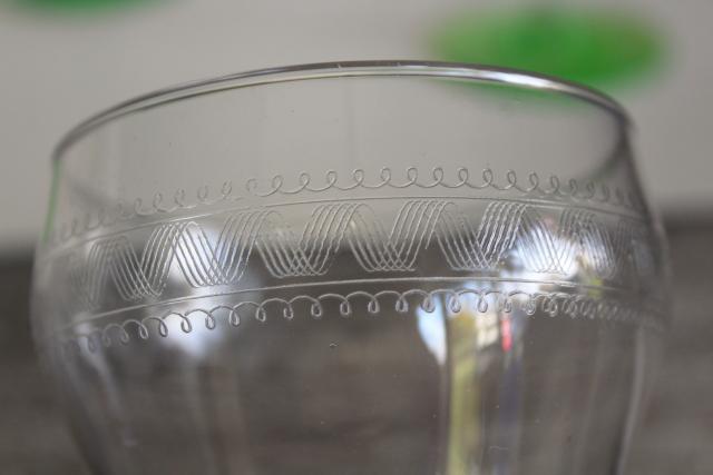 photo of vintage needle etched water goblets, big wine glasses crystal clear w/ uranium green foot #4