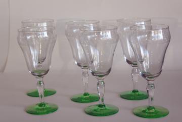 catalog photo of vintage needle etched water goblets, big wine glasses crystal clear w/ uranium green foot