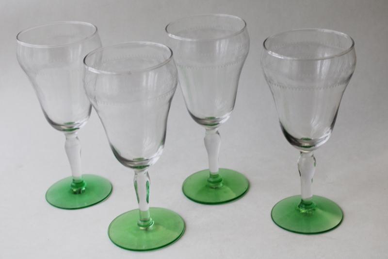 photo of vintage needle etched water goblets, big wine glasses crystal clear w/ uranium green foot #1