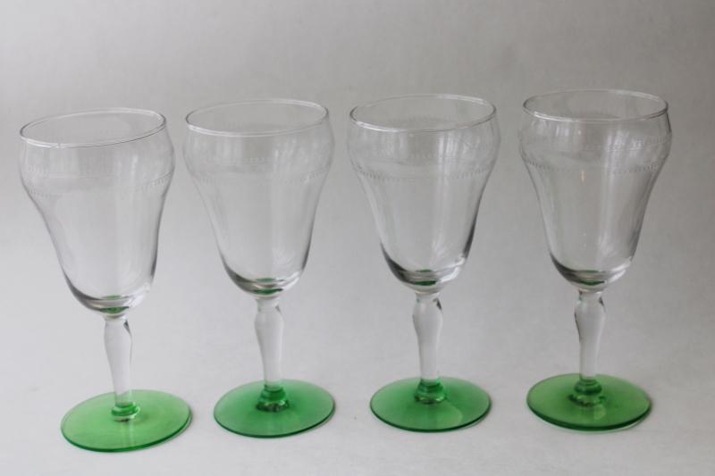 photo of vintage needle etched water goblets, big wine glasses crystal clear w/ uranium green foot #3