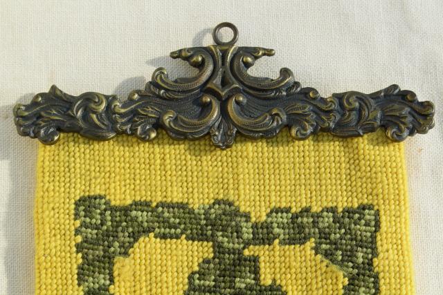 photo of vintage needlepoint bell pull, hand stitched wool wall hanging cord & tassel pattern #6