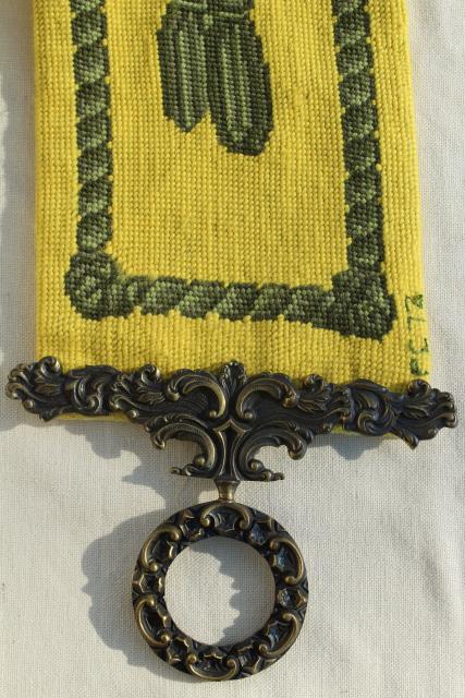 photo of vintage needlepoint bell pull, hand stitched wool wall hanging cord & tassel pattern #7