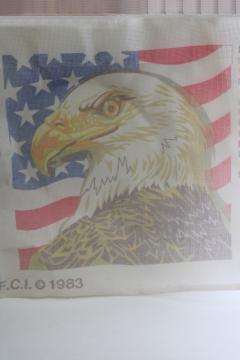 catalog photo of vintage needlepoint canvas w/ US patriotic bald eagle and American flag printed design