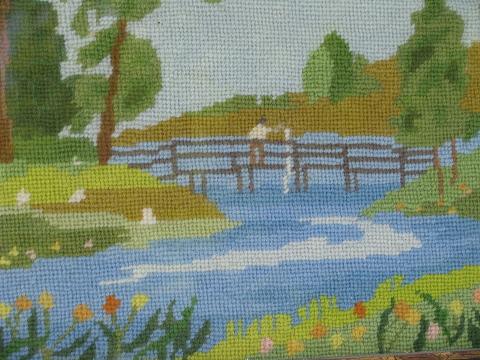 photo of vintage needlepoint in antique wood frame, bridge over stream picture #2