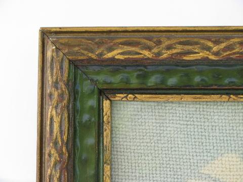 photo of vintage needlepoint in antique wood frame, bridge over stream picture #3