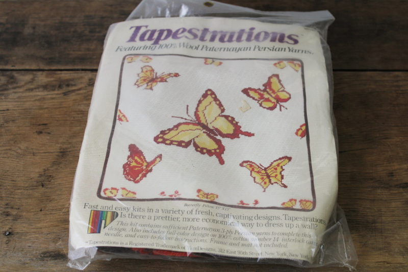 photo of vintage needlepoint kit butterflies pillow top, complete sealed wool yarns, printed canvas  #1