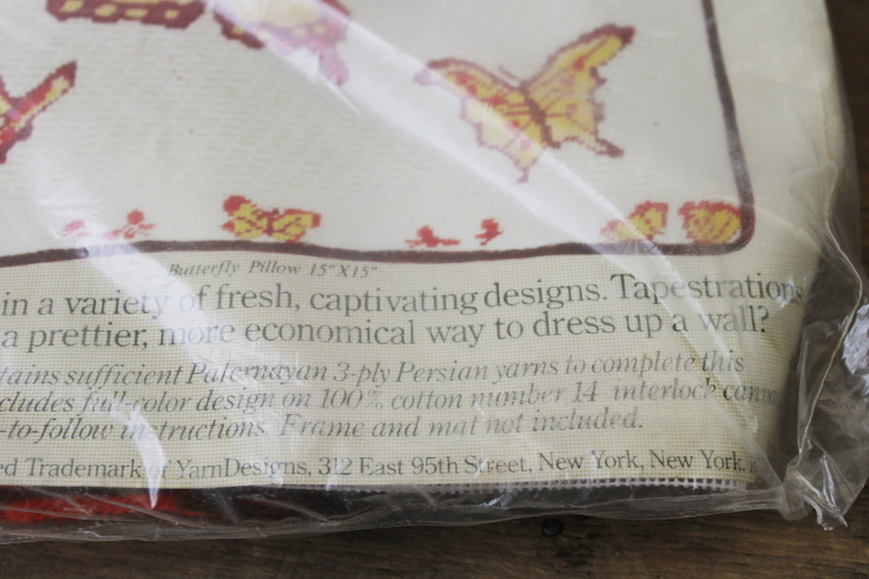 photo of vintage needlepoint kit butterflies pillow top, complete sealed wool yarns, printed canvas  #3