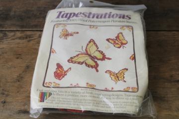 vintage needlepoint kit butterflies pillow top, complete sealed wool yarns, printed canvas 