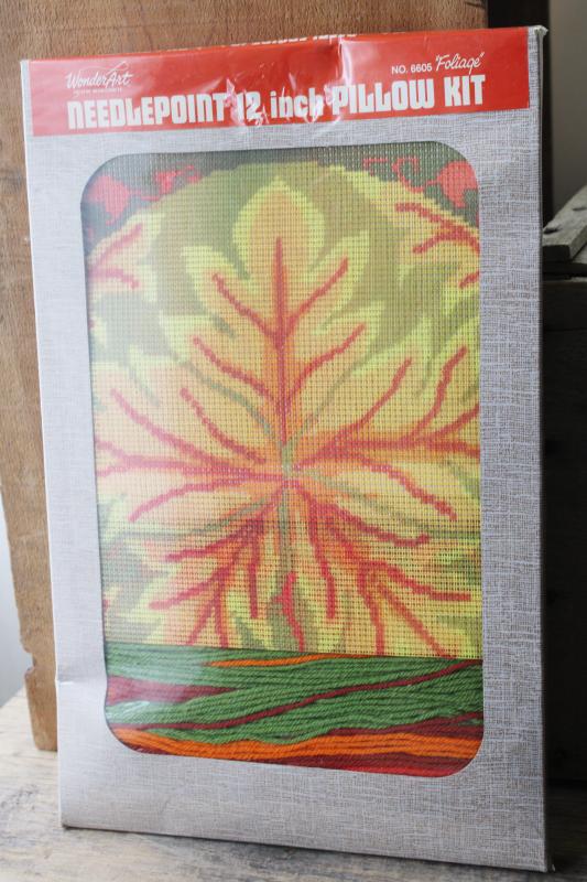 photo of vintage needlepoint kit, fall foliage canvas w/ wool yarn, autumn maple leaf #1