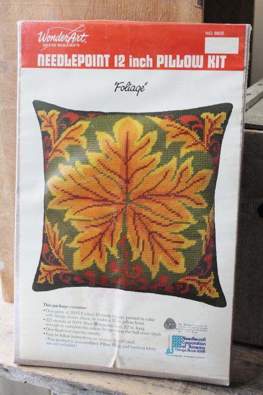 photo of vintage needlepoint kit, fall foliage canvas w/ wool yarn, autumn maple leaf #3