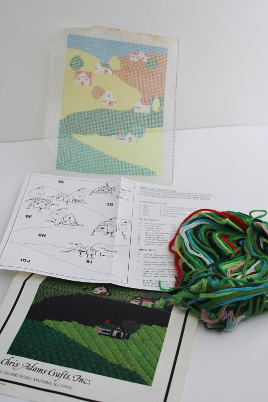 photo of vintage needlepoint kit, printed canvas w/ yarn - farm barn country fields #1