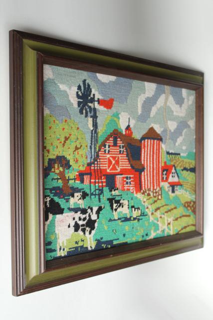 photo of vintage needlepoint picture, holstein cows red barn farm scene in rustic wood frame #2