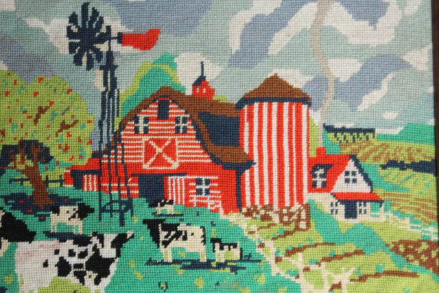 photo of vintage needlepoint picture, holstein cows red barn farm scene in rustic wood frame #3