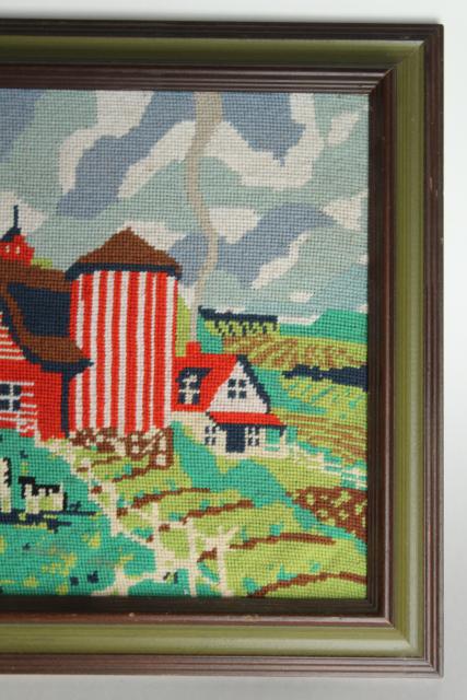 photo of vintage needlepoint picture, holstein cows red barn farm scene in rustic wood frame #4