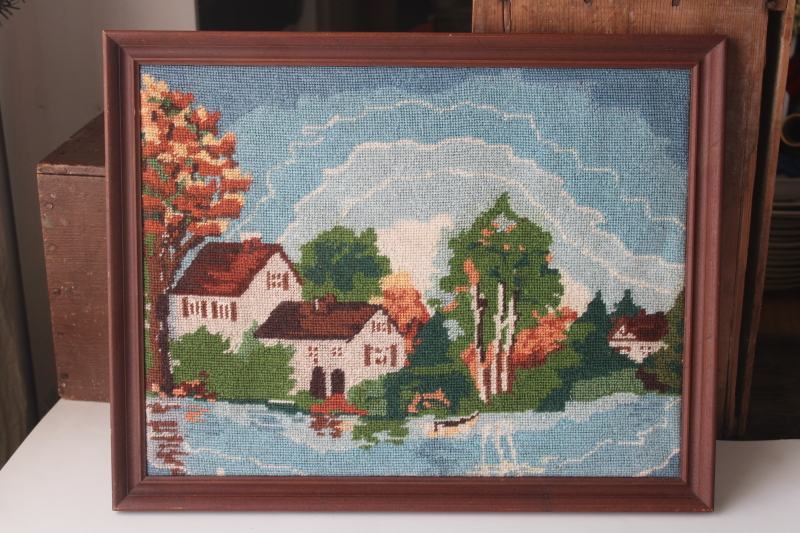 photo of vintage needlepoint picture white cottage at the lake, lakefront home framed needlework  #1