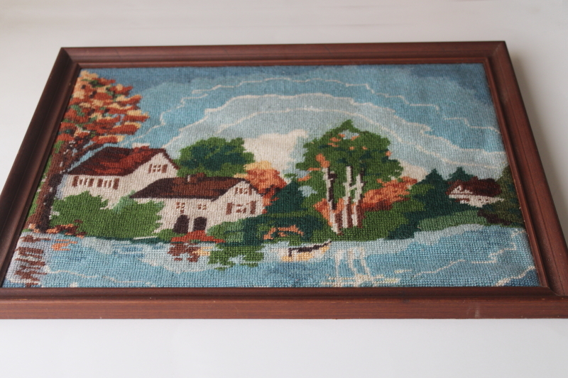 photo of vintage needlepoint picture white cottage at the lake, lakefront home framed needlework  #2