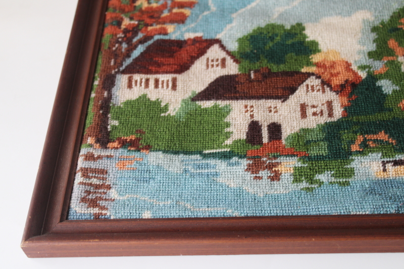 photo of vintage needlepoint picture white cottage at the lake, lakefront home framed needlework  #3