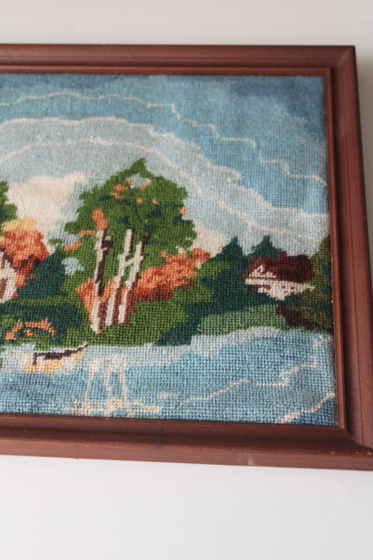 photo of vintage needlepoint picture white cottage at the lake, lakefront home framed needlework  #4