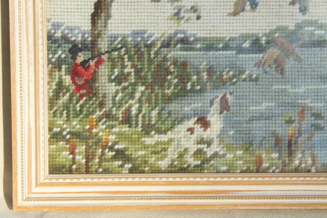 photo of vintage needlepoint pictures, flying ducks & hunter, duck hunting marsh scenes #2