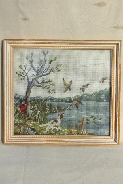 photo of vintage needlepoint pictures, flying ducks & hunter, duck hunting marsh scenes #4