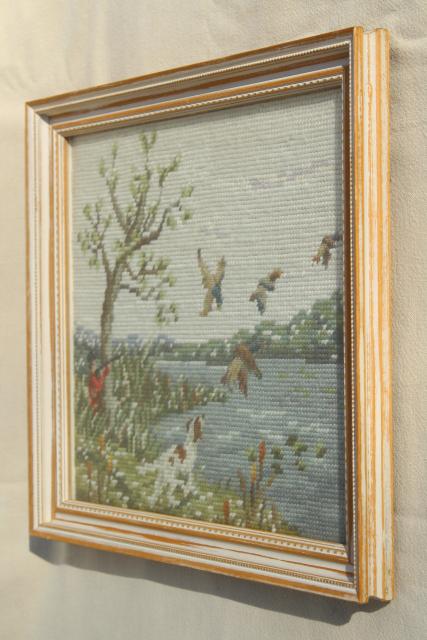 photo of vintage needlepoint pictures, flying ducks & hunter, duck hunting marsh scenes #6