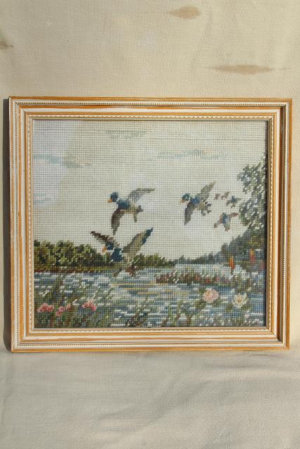 photo of vintage needlepoint pictures, flying ducks & hunter, duck hunting marsh scenes #7