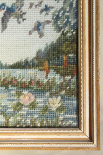 photo of vintage needlepoint pictures, flying ducks & hunter, duck hunting marsh scenes #10