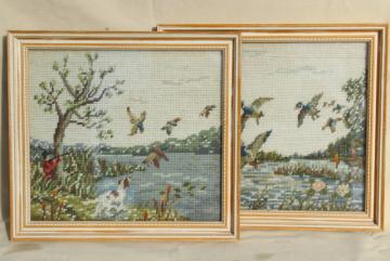 catalog photo of vintage needlepoint pictures, flying ducks & hunter, duck hunting marsh scenes
