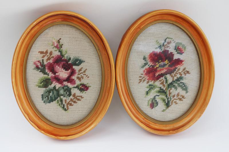 photo of vintage needlepoint pictures pair florals in oval frames, shabby chic cottage core #1