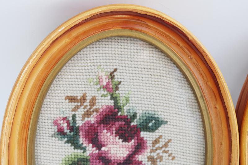 photo of vintage needlepoint pictures pair florals in oval frames, shabby chic cottage core #2