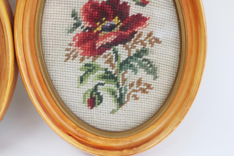 photo of vintage needlepoint pictures pair florals in oval frames, shabby chic cottage core #3