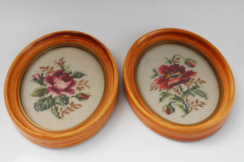 photo of vintage needlepoint pictures pair florals in oval frames, shabby chic cottage core #5
