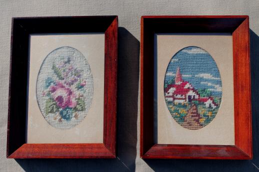 photo of vintage needlepoint pictures, roses & a little white church in cottage style frames #1