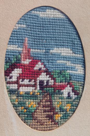 photo of vintage needlepoint pictures, roses & a little white church in cottage style frames #3