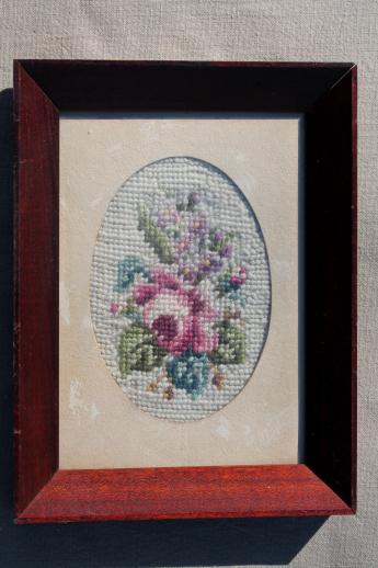photo of vintage needlepoint pictures, roses & a little white church in cottage style frames #4