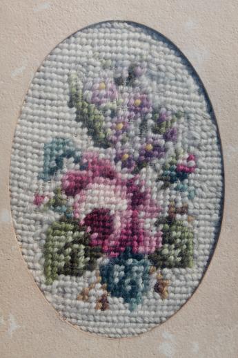 photo of vintage needlepoint pictures, roses & a little white church in cottage style frames #5
