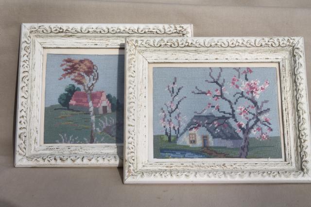 photo of vintage needlepoint pictures, shabby chic country scenes in white painted wood frames #3