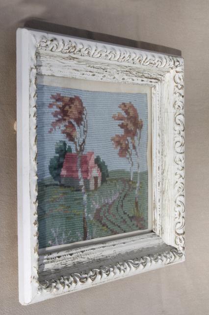 photo of vintage needlepoint pictures, shabby chic country scenes in white painted wood frames #7
